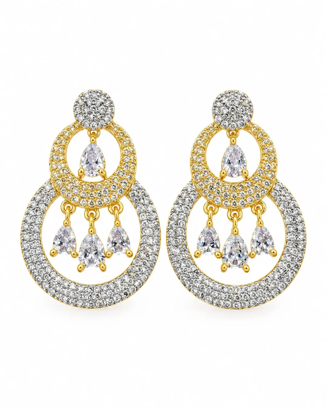 GOLD-PLATED CZ DOUBLE HOOP CHANDELIER DROP EARRINGS