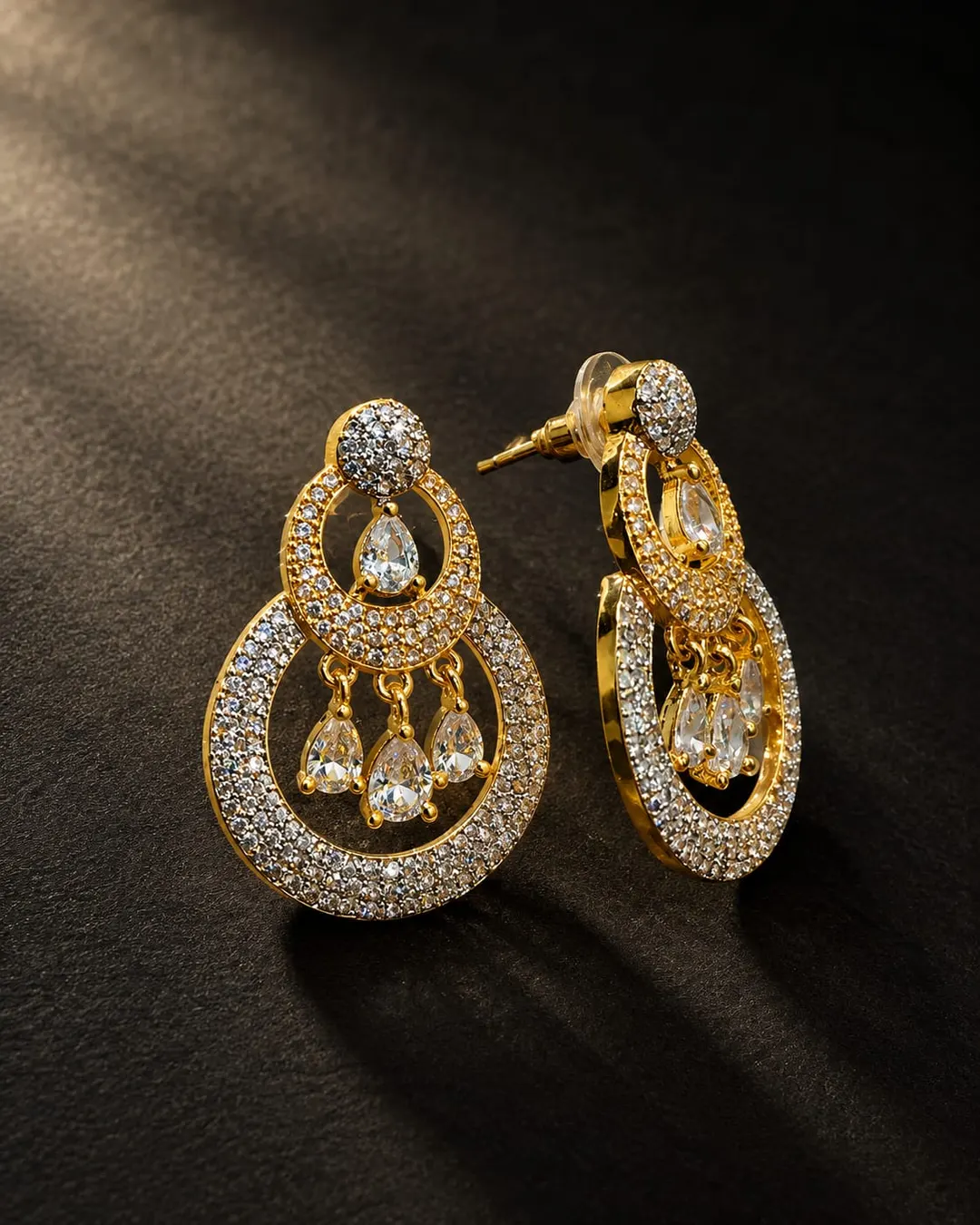 GOLD-PLATED CZ DOUBLE HOOP CHANDELIER DROP EARRINGS