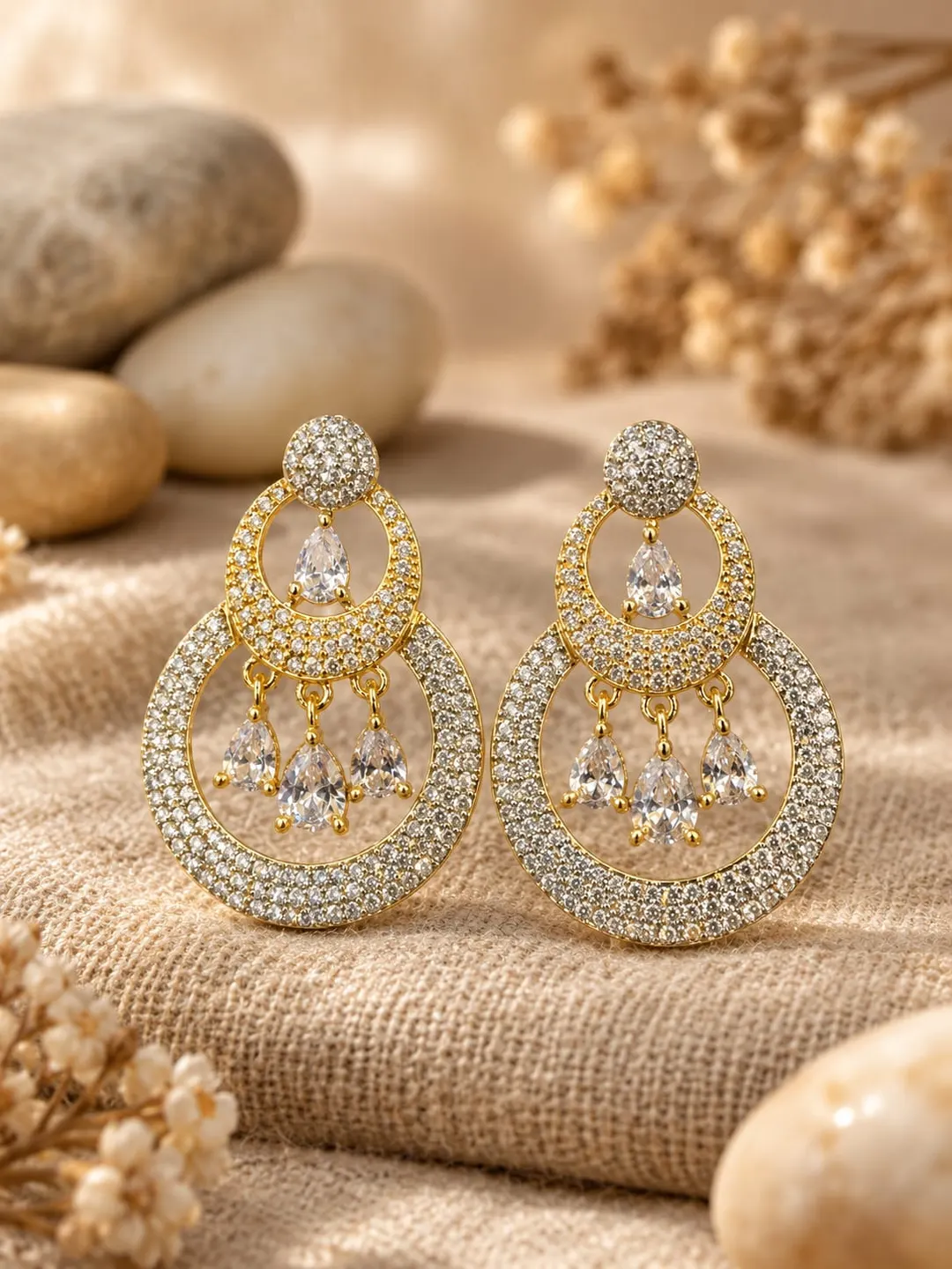 GOLD-PLATED CZ DOUBLE HOOP CHANDELIER DROP EARRINGS