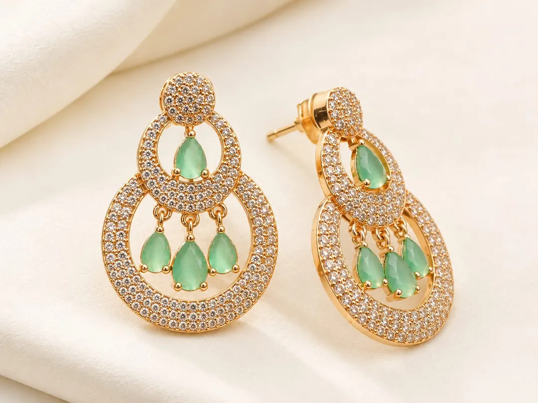 EMERALD GREEN CRYSTAL CHANDBALI CHANDELIER EARRINGS