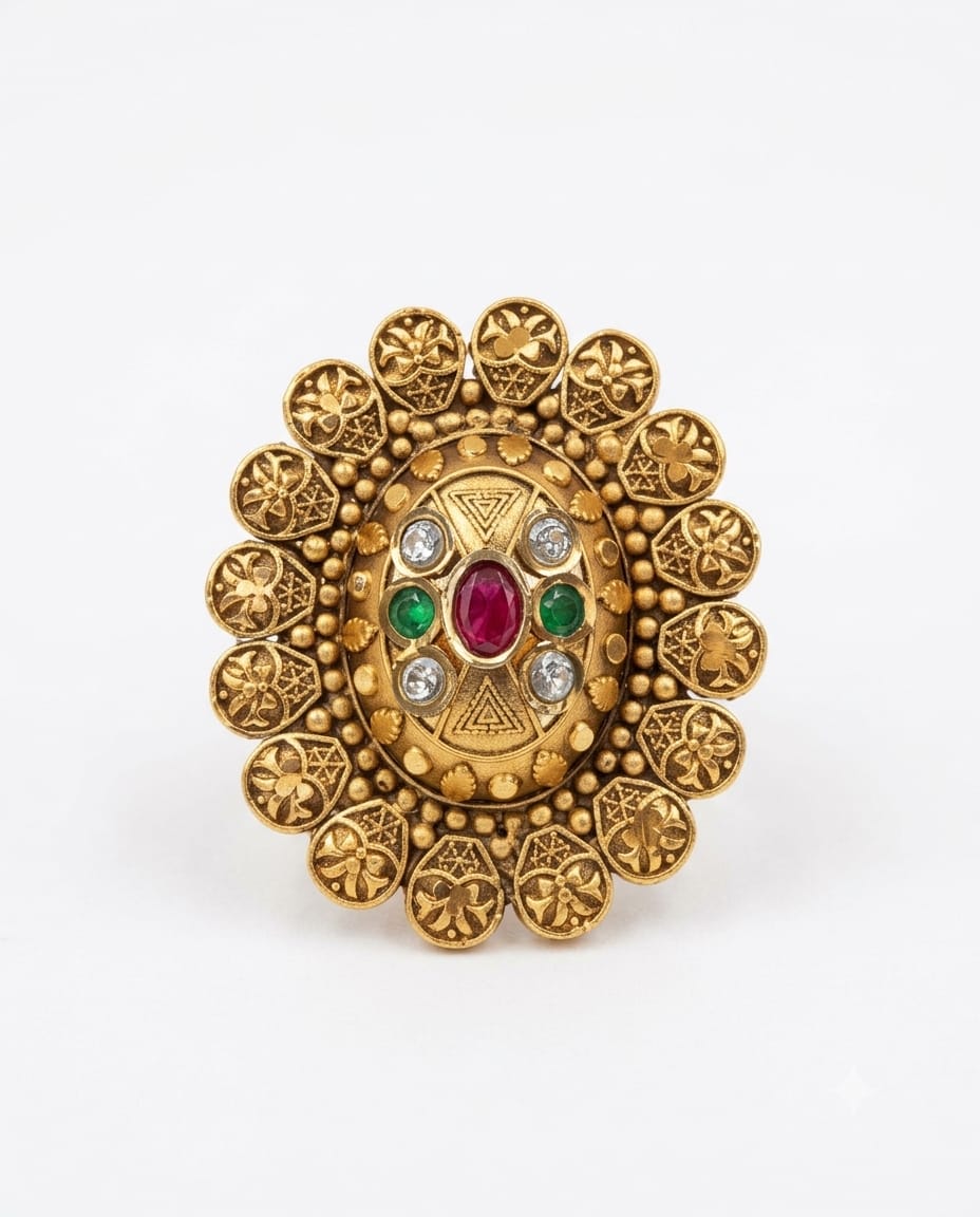 ANTIQUE GOLD-TONE MULTICOLOR KUNDAN FLORAL STATEMENT RING