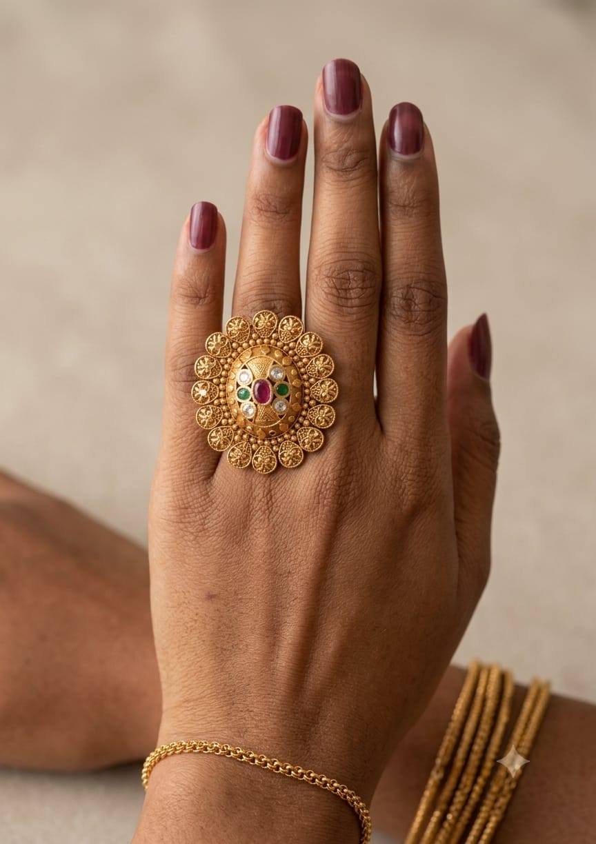 ANTIQUE GOLD-TONE MULTICOLOR KUNDAN FLORAL STATEMENT RING