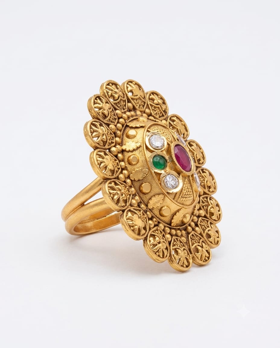 ANTIQUE GOLD-TONE MULTICOLOR KUNDAN FLORAL STATEMENT RING