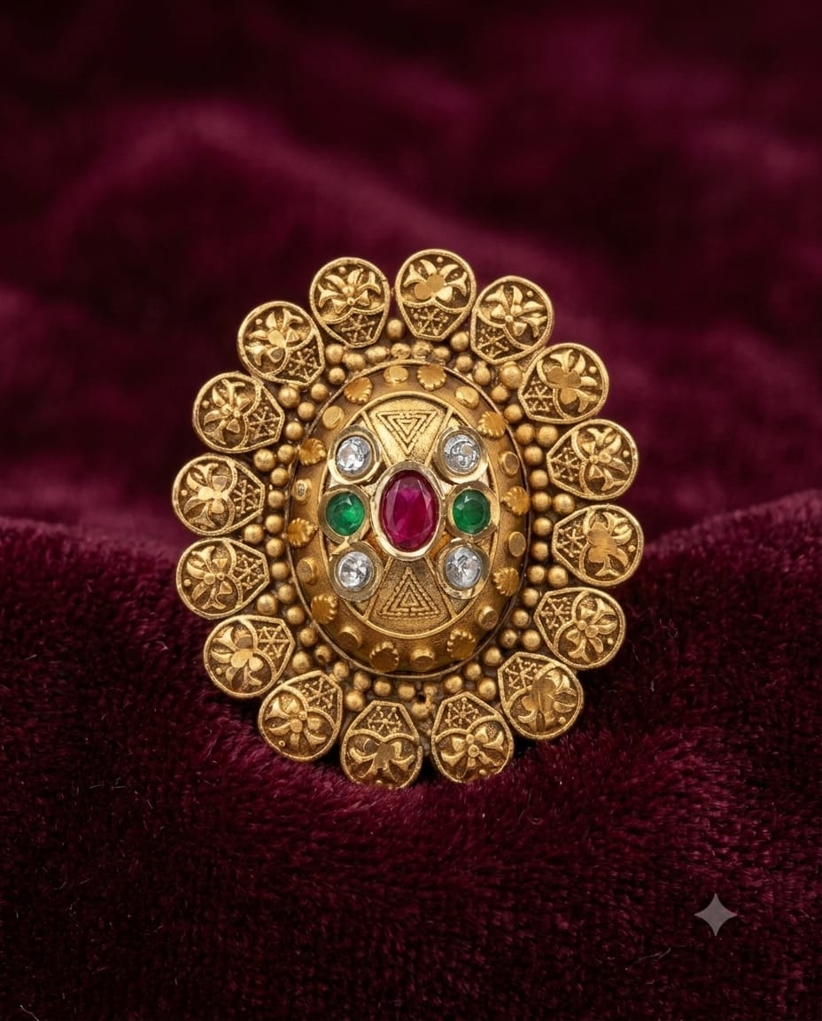 ANTIQUE GOLD-TONE MULTICOLOR KUNDAN FLORAL STATEMENT RING