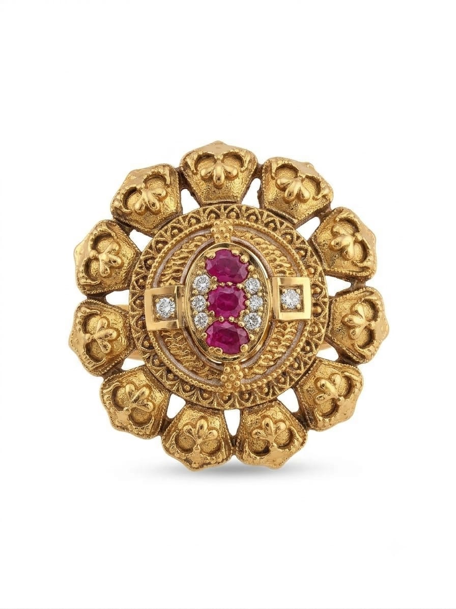 ANTIQUE GOLD RUBY KUNDAN FLORAL STATEMENT RING