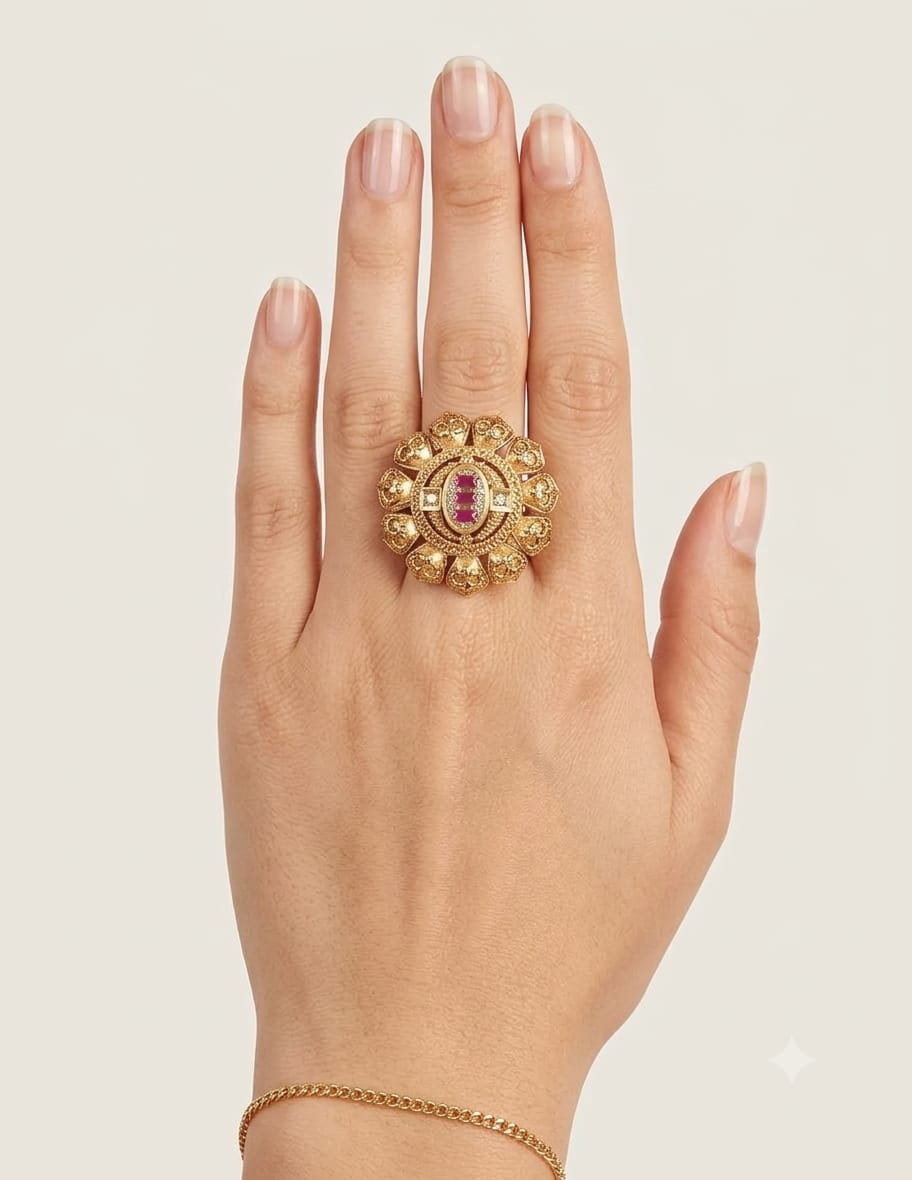ANTIQUE GOLD RUBY KUNDAN FLORAL STATEMENT RING