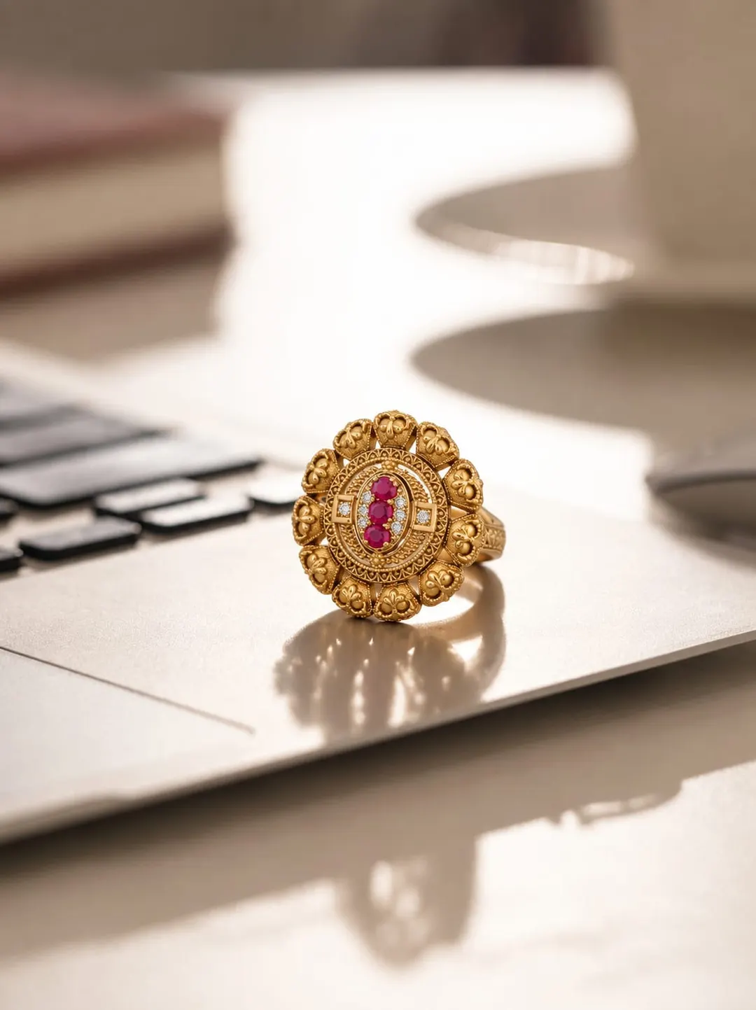 ANTIQUE GOLD RUBY KUNDAN FLORAL STATEMENT RING