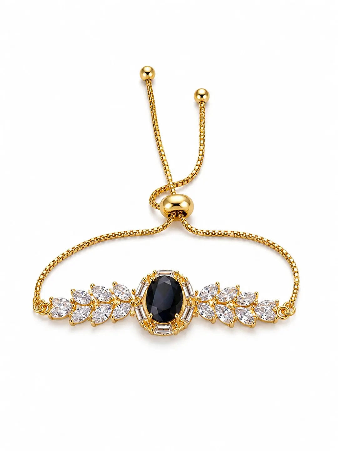 GOLD-TONE BLACK CENTER STONE AND CRYSTAL HALO ADJUSTTABLE BRACELET