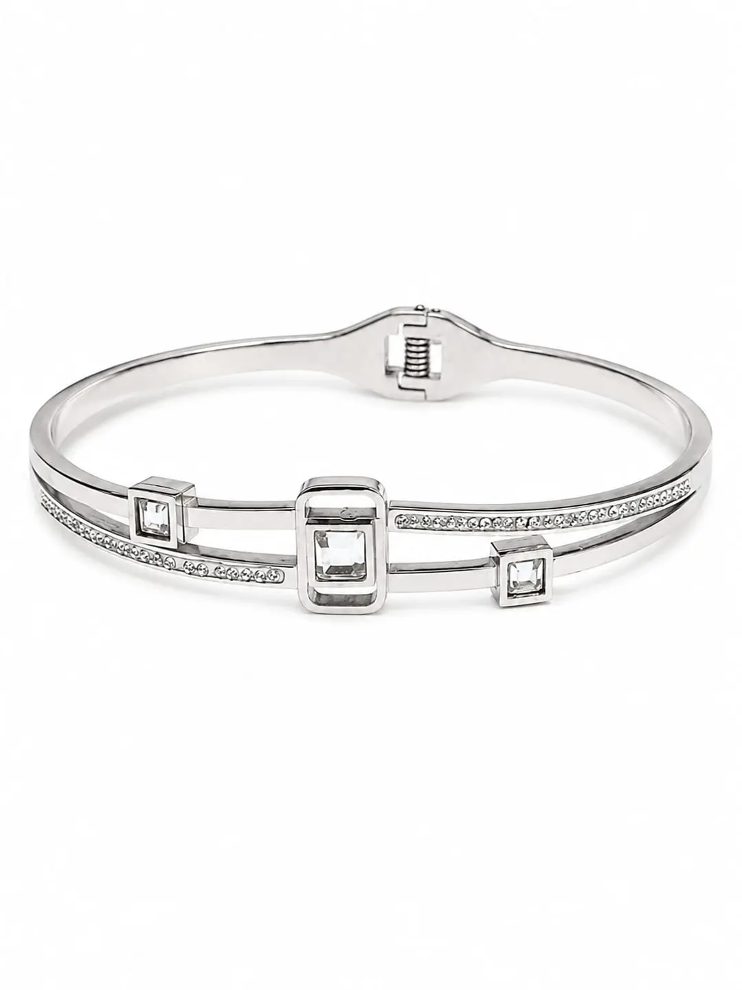 SILVER-TONE GEOMETRIC PAVE CRYSTAL BANGLE BRACELET