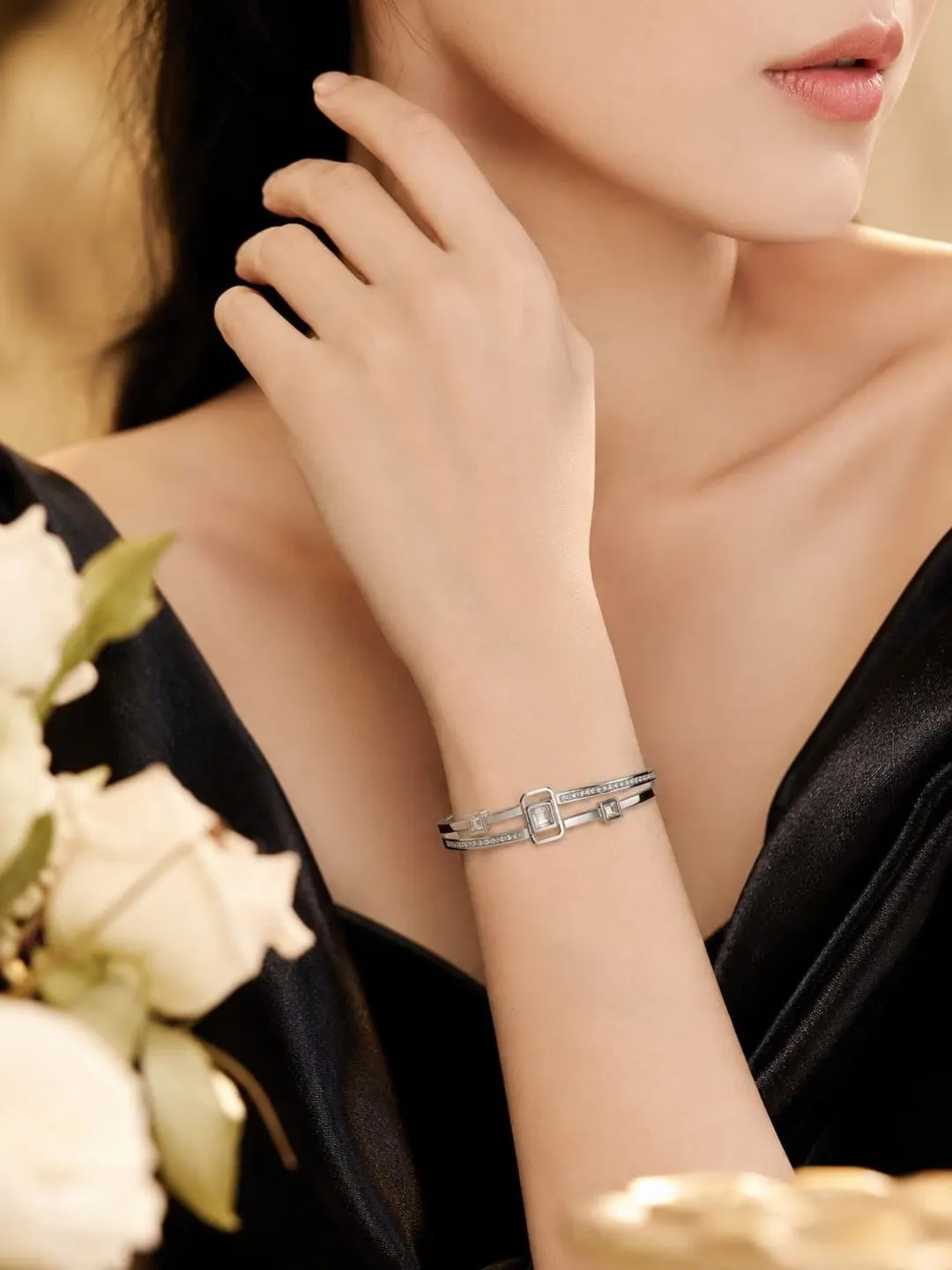 SILVER-TONE GEOMETRIC PAVE CRYSTAL BANGLE BRACELET
