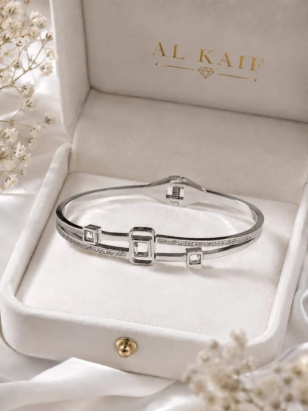 SILVER-TONE GEOMETRIC PAVE CRYSTAL BANGLE BRACELET