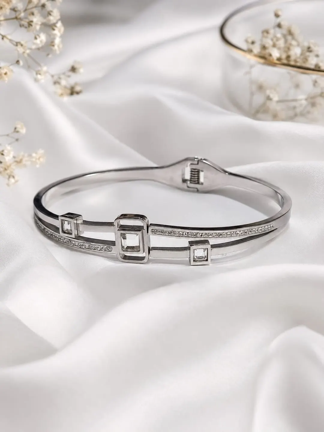 SILVER-TONE GEOMETRIC PAVE CRYSTAL BANGLE BRACELET