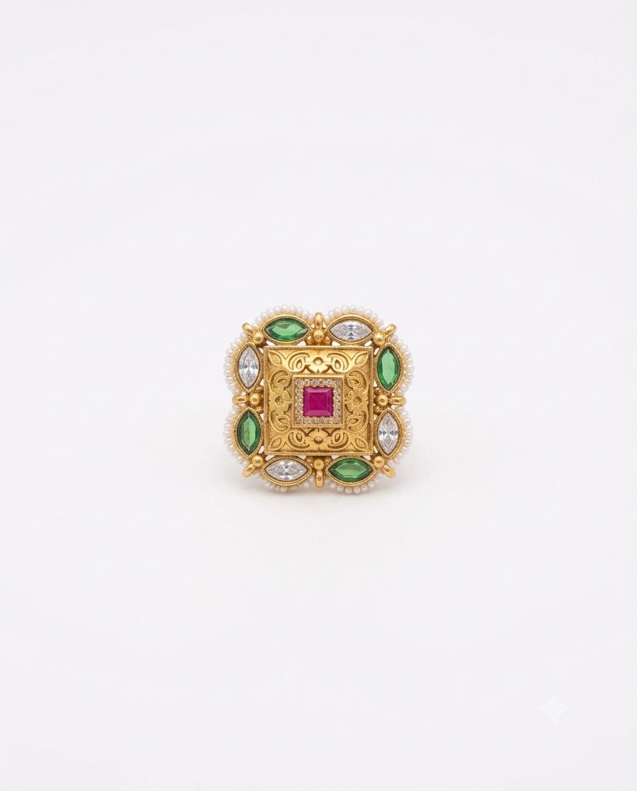 ANTIQUE KUNDAN SQUARE MULTICOLOR GEMSTONE RING