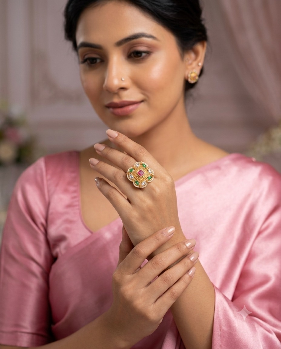 ANTIQUE KUNDAN SQUARE MULTICOLOR GEMSTONE RING