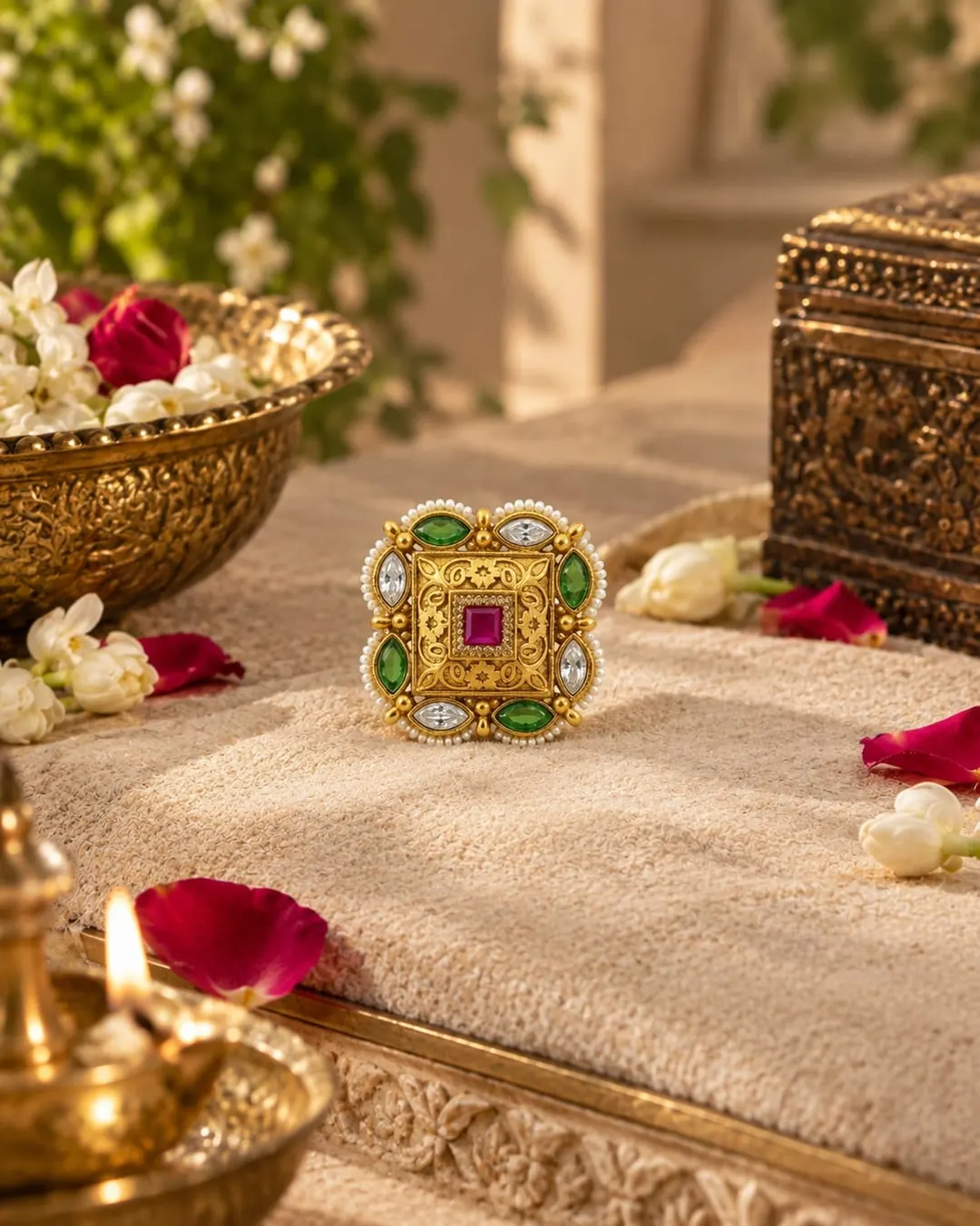 ANTIQUE KUNDAN SQUARE MULTICOLOR GEMSTONE RING