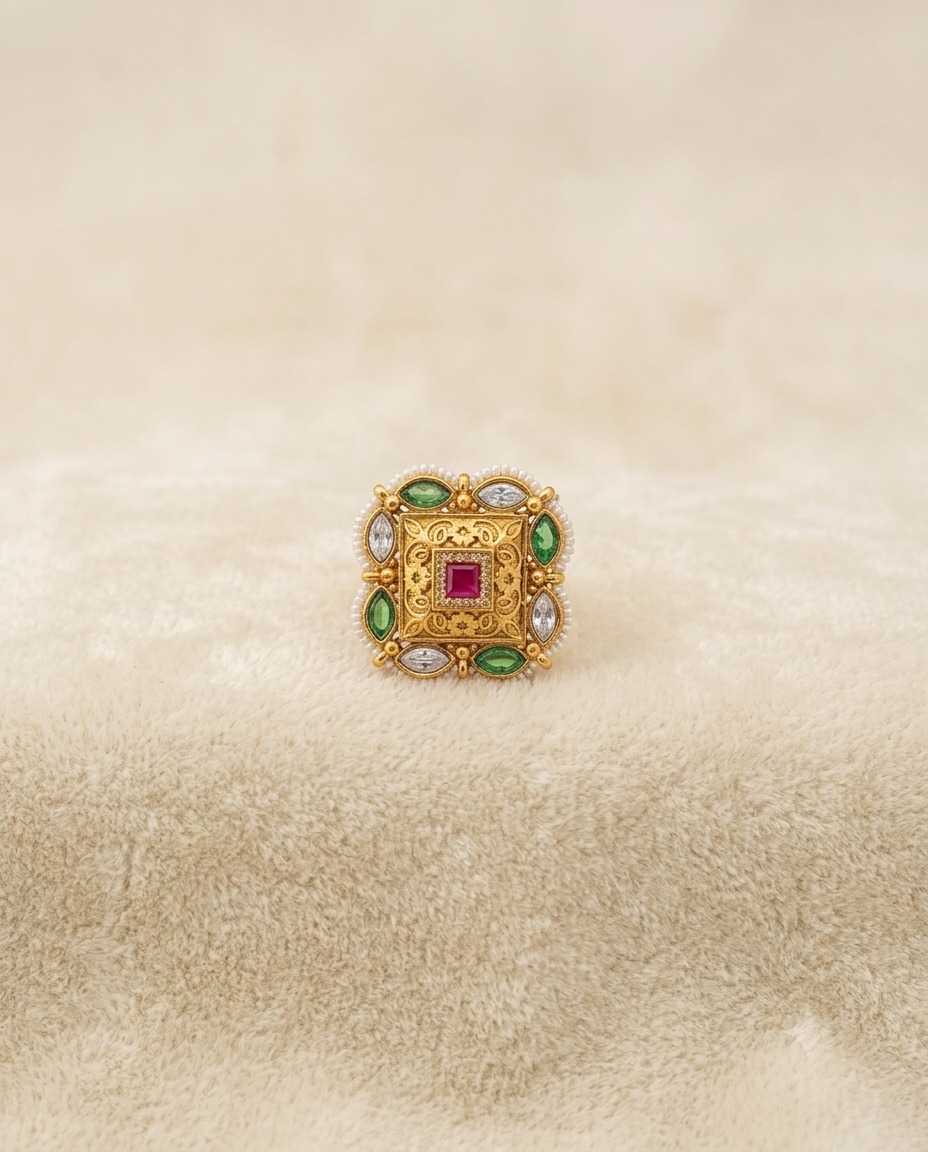 ANTIQUE KUNDAN SQUARE MULTICOLOR GEMSTONE RING