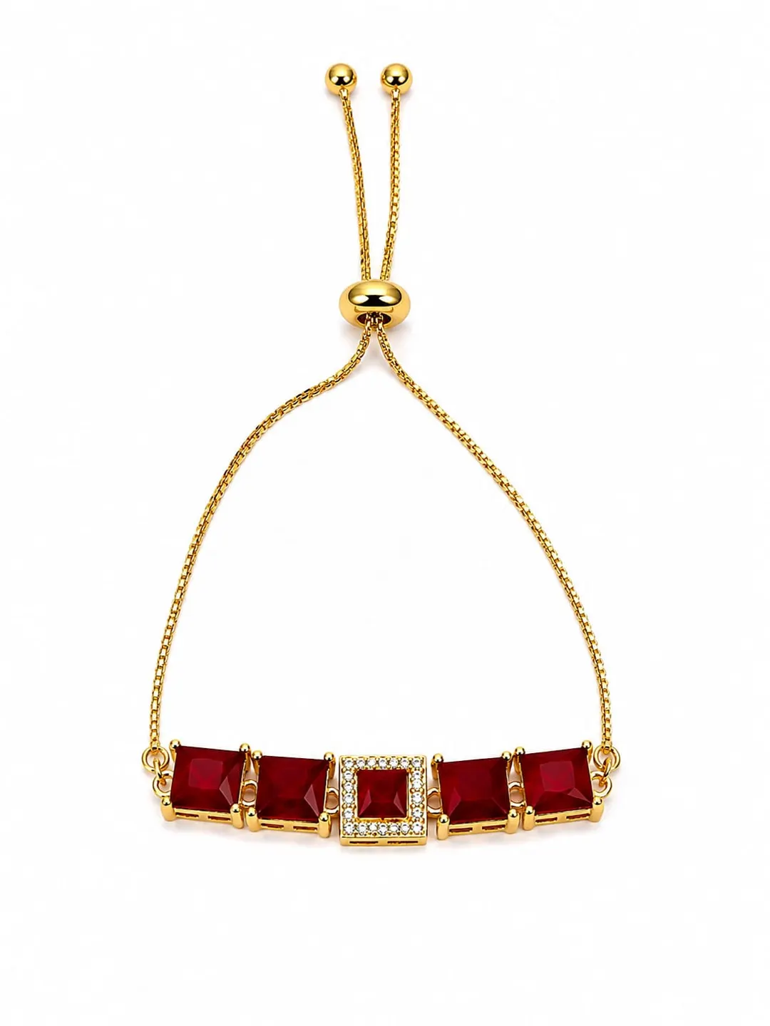 RUBY RED RECTANGULAR STONE GOLD-PLATED BRACELET.