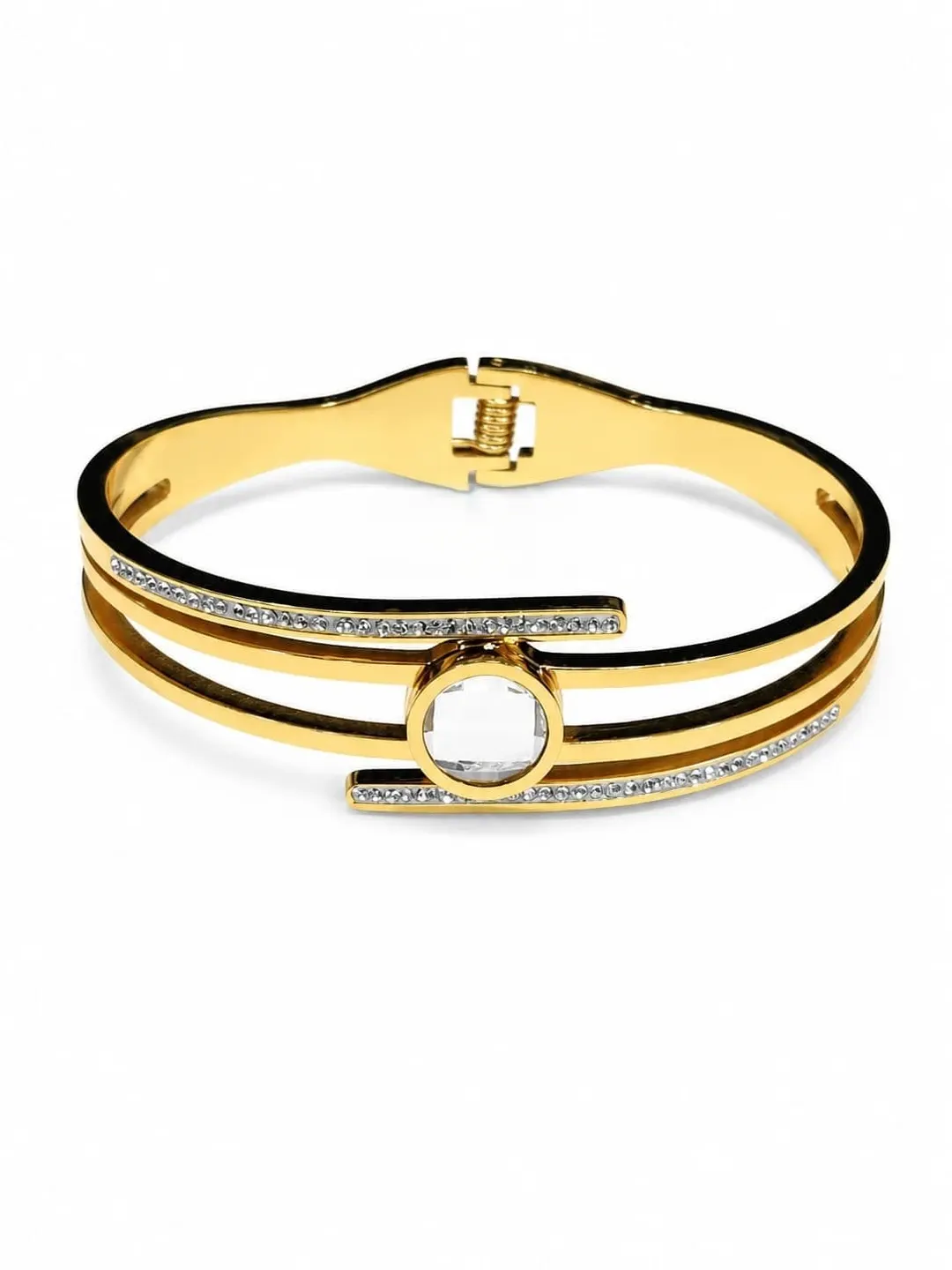 GOLD PLATED STAINLESS STEEL OVAL HINGED CUFF BRACELET.