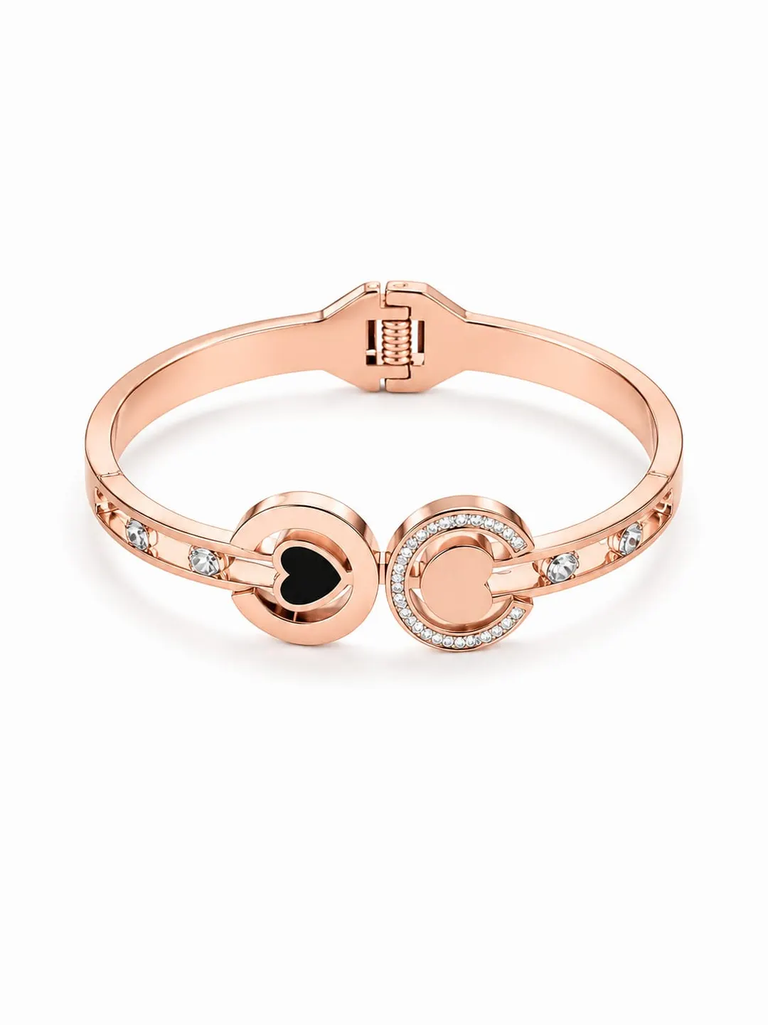 ROSE GOLD PLATED DUAL HEART C-SHAPE STAINLESS STEEL BRACELET.