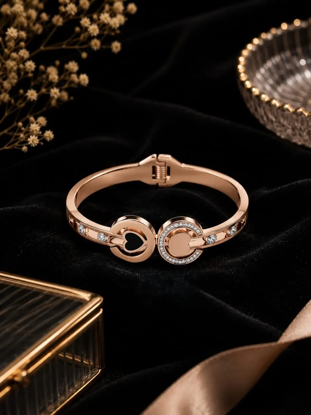ROSE GOLD PLATED DUAL HEART C-SHAPE STAINLESS STEEL BRACELET.
