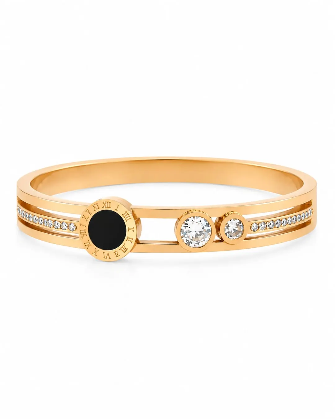 GOLD PLATED ROMAN NUMERAL STAINLESS STEEL CUFF BRACELET.