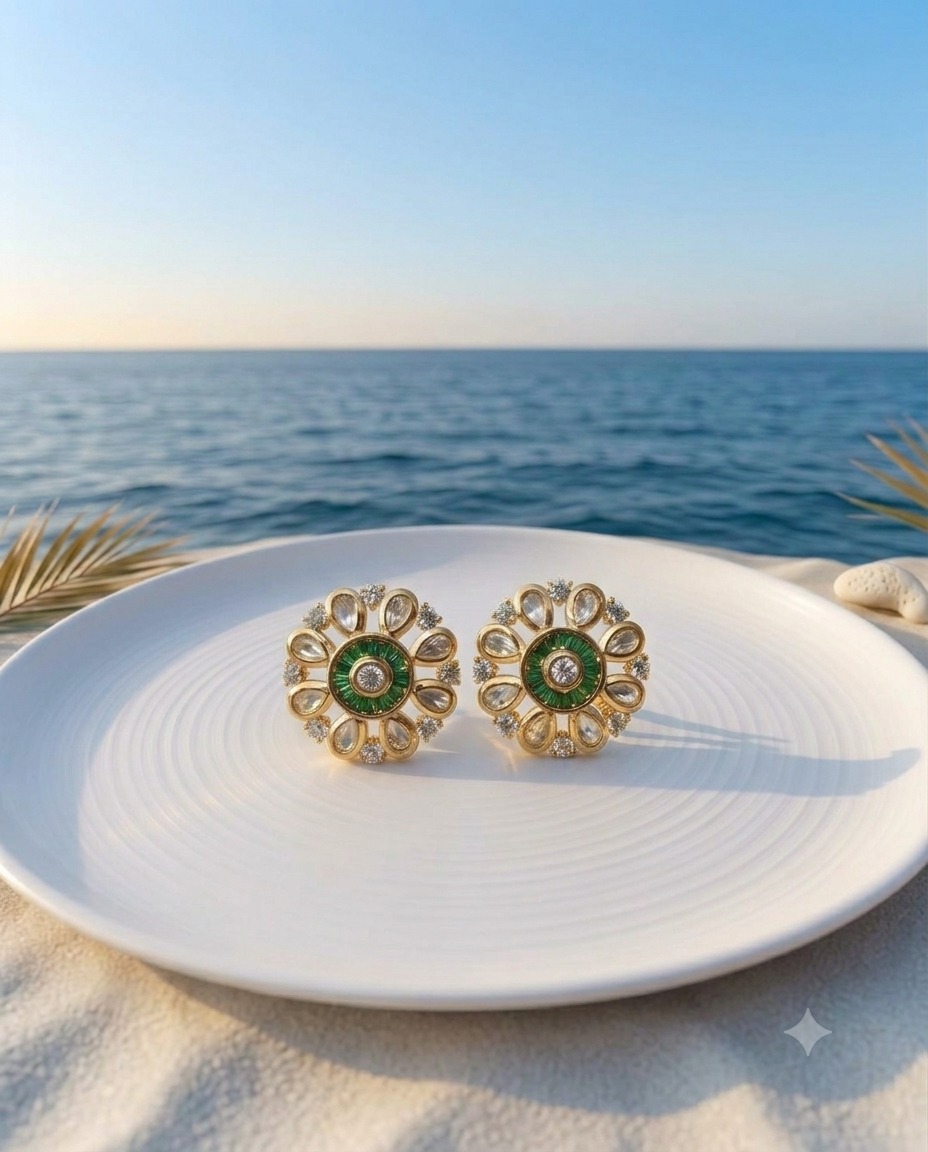 GREEN BLOSSOM KUNDAN STUDS