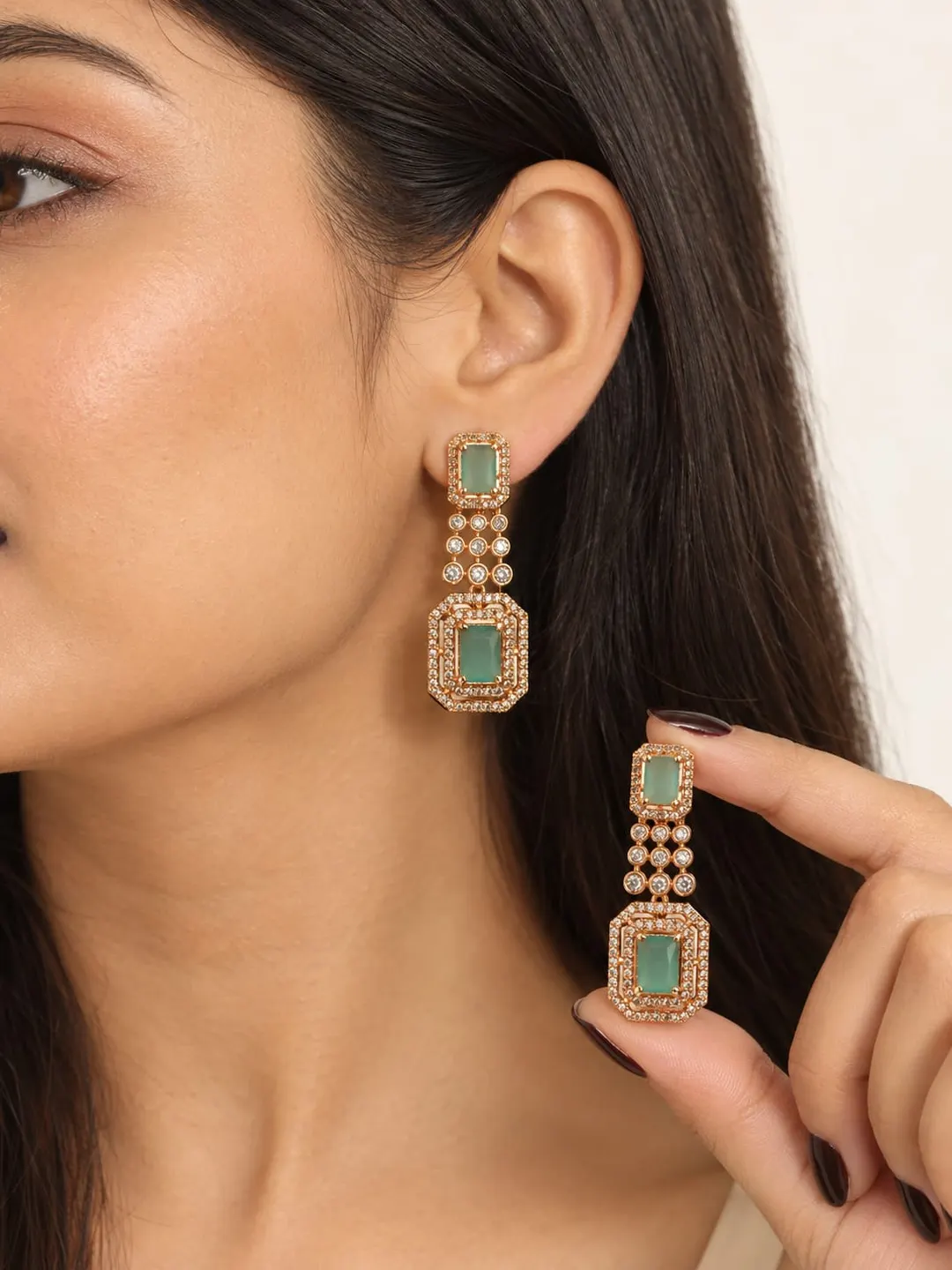 EMERALD GREEN RECTANGULAR GEOMETRIC DROP EARRING