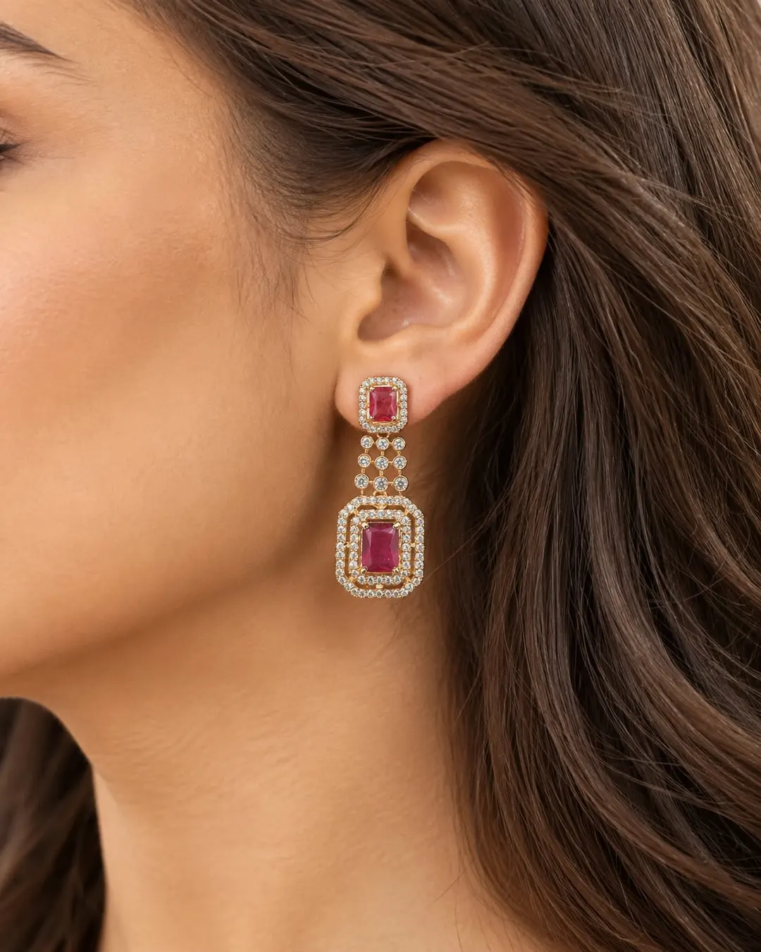 ROYAL RED STONE GOLD-PLATED LONG DROP EARRING