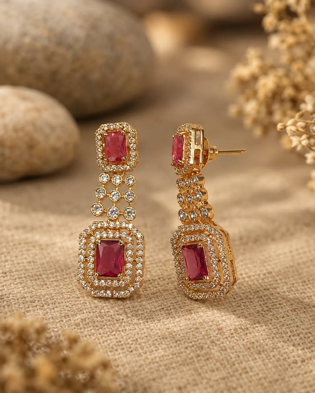 ROYAL RED STONE GOLD-PLATED LONG DROP EARRING