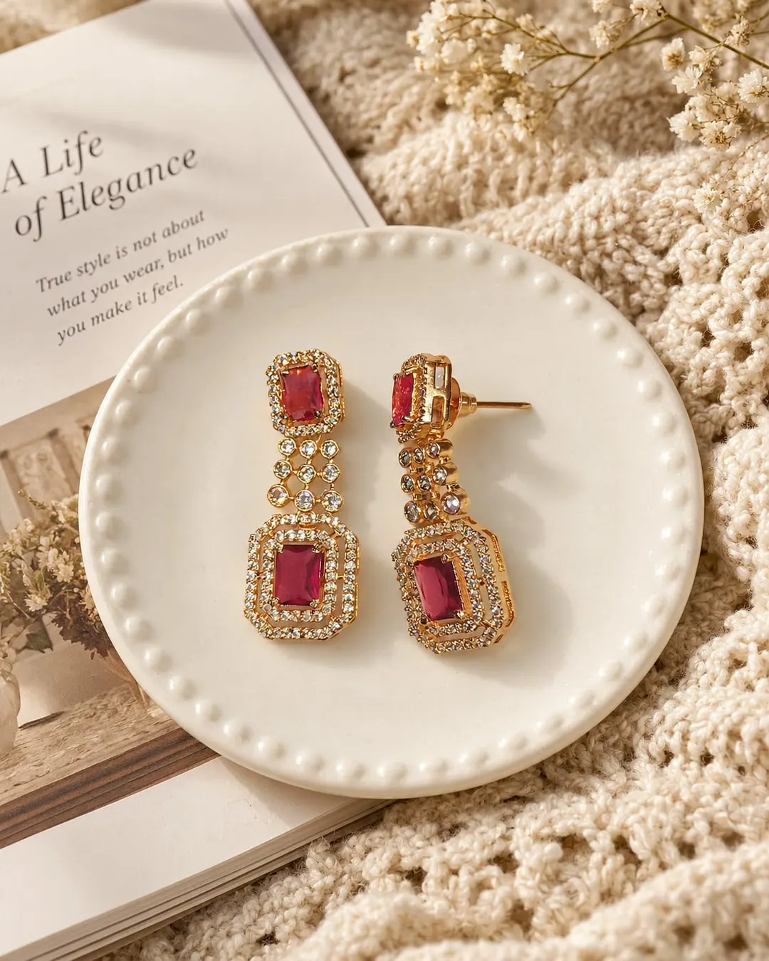 ROYAL RED STONE GOLD-PLATED LONG DROP EARRING