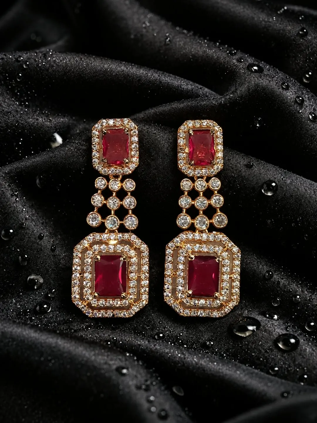 ROYAL RED STONE GOLD-PLATED LONG DROP EARRING