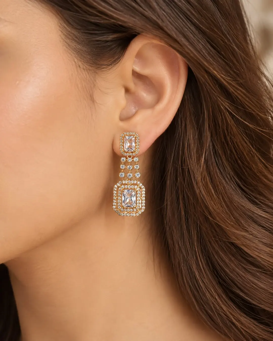 ELEGANT EMERALD-CUT CRYSTAL DOUBLE DROP EARRING