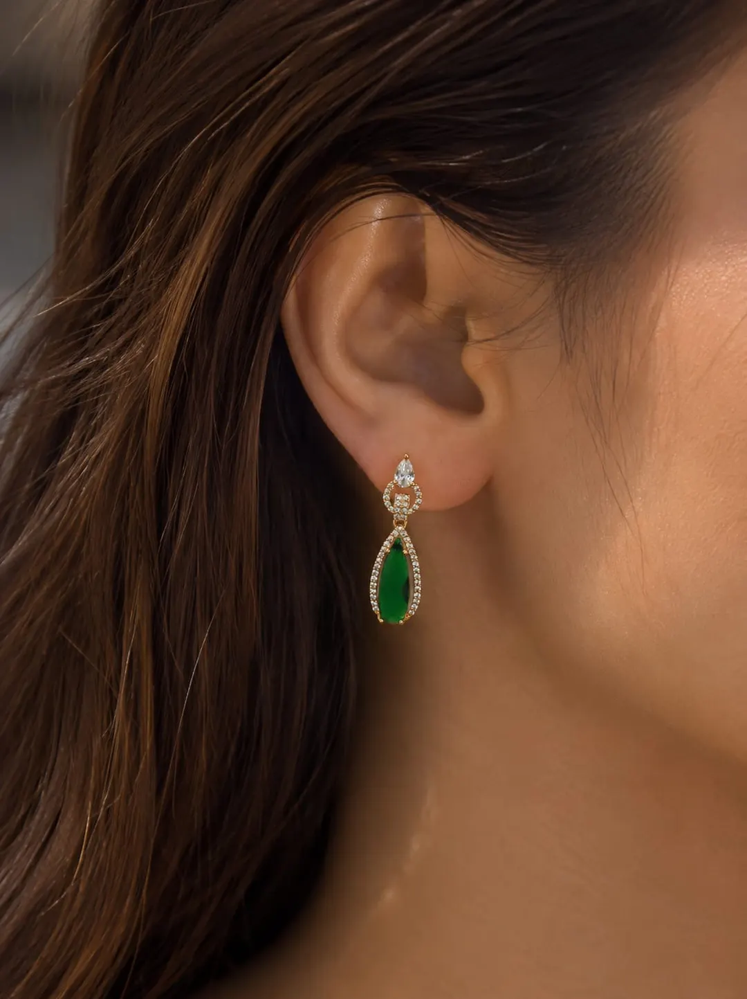 EMERALD TEARDROP GOLD-PLATED STATEMENT  EARRINGS