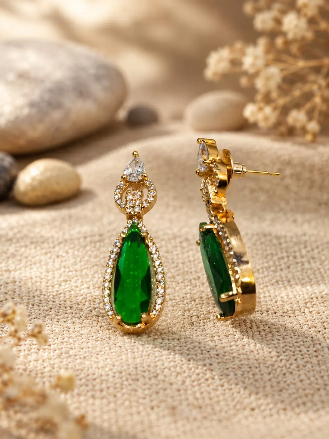 EMERALD TEARDROP GOLD-PLATED STATEMENT  EARRINGS