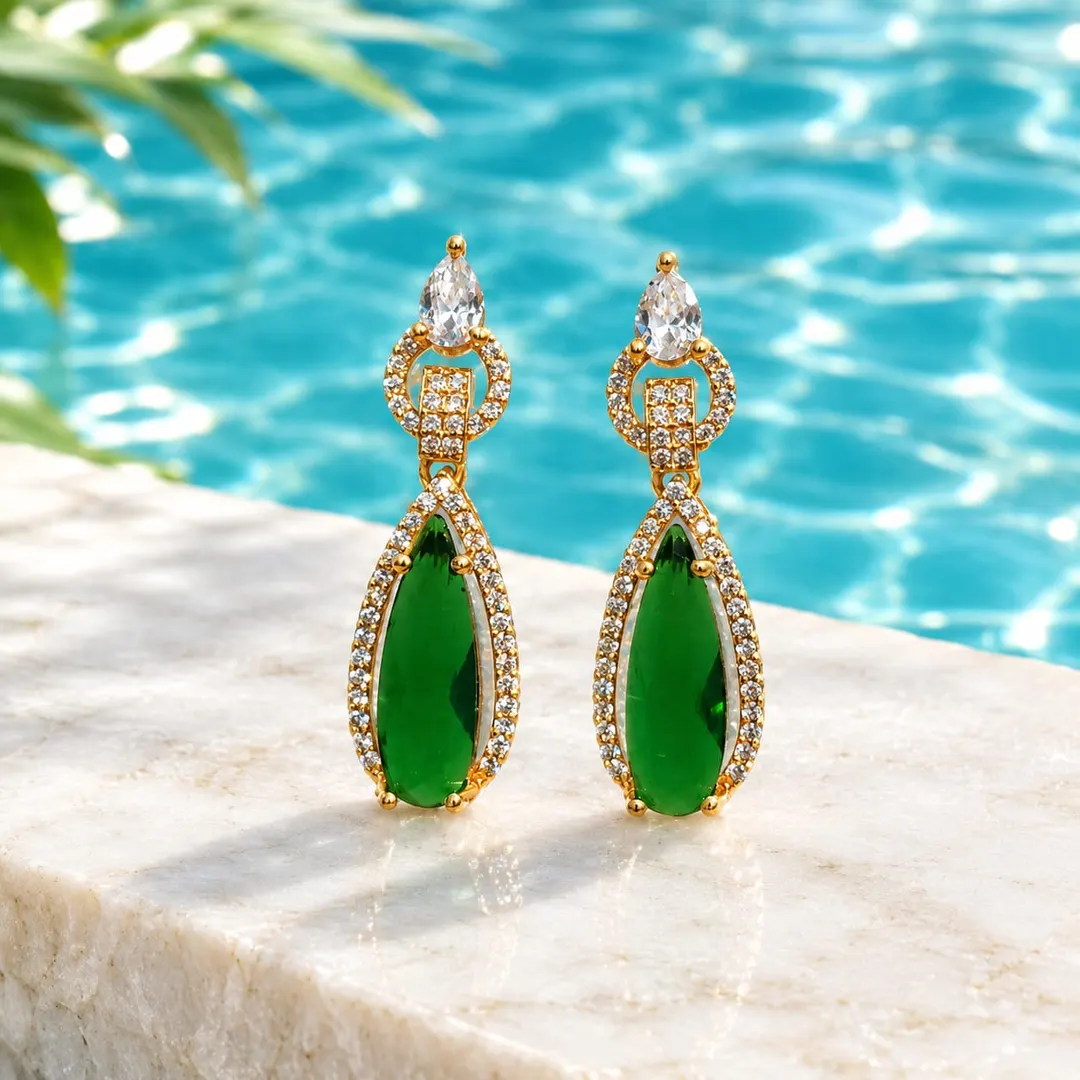 EMERALD TEARDROP GOLD-PLATED STATEMENT  EARRINGS