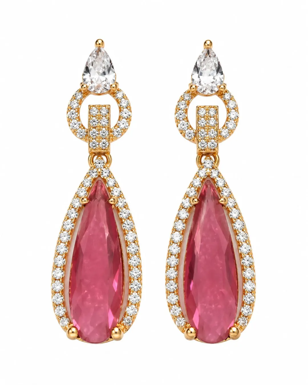 ROYAL PINK TEARDROP CZ DROP EARRINGS