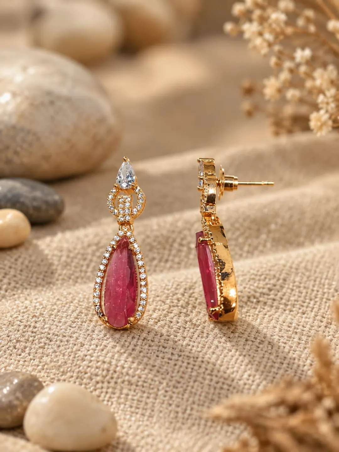 ROYAL PINK TEARDROP CZ DROP EARRINGS
