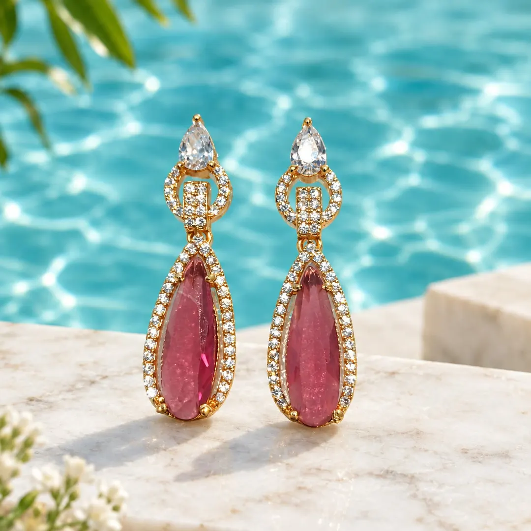 ROYAL PINK TEARDROP CZ DROP EARRINGS