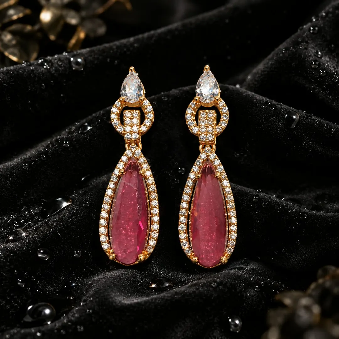ROYAL PINK TEARDROP CZ DROP EARRINGS