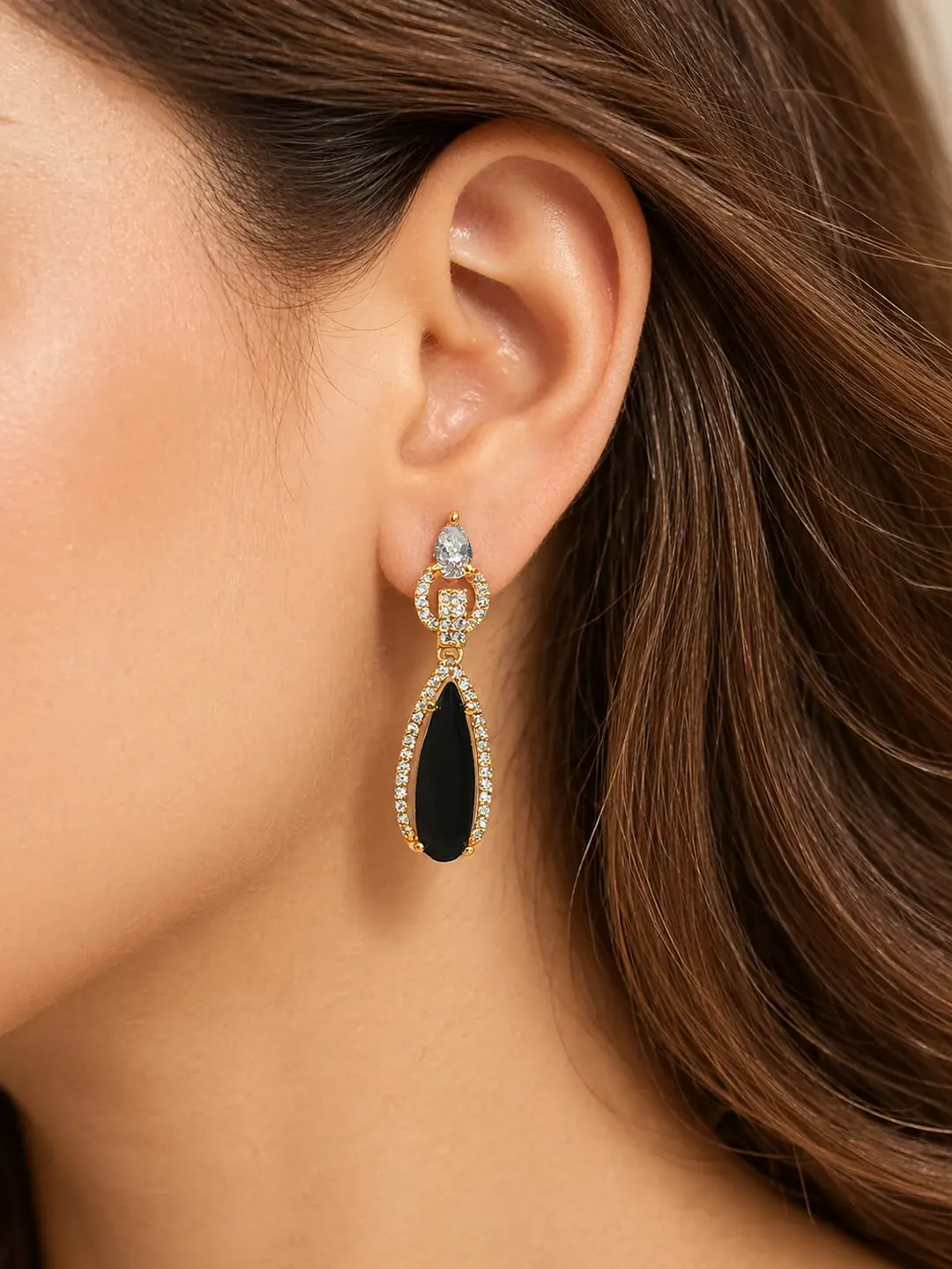 BLACK ONYX GOLD-TONE CRYSTAL DROP EARRINGS