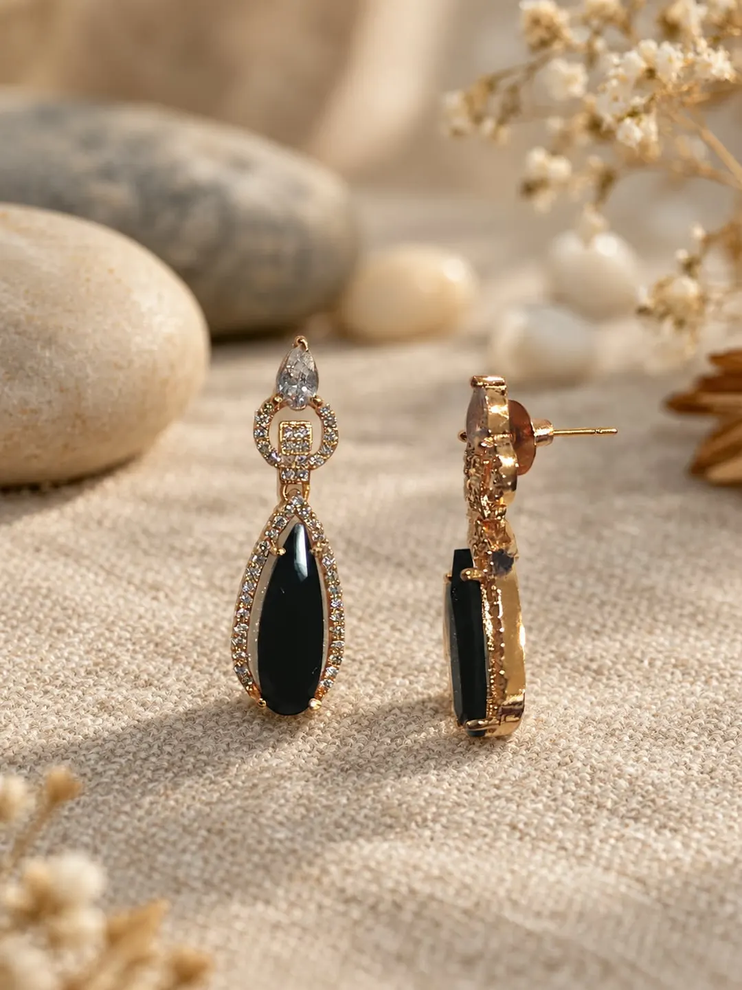 BLACK ONYX GOLD-TONE CRYSTAL DROP EARRINGS