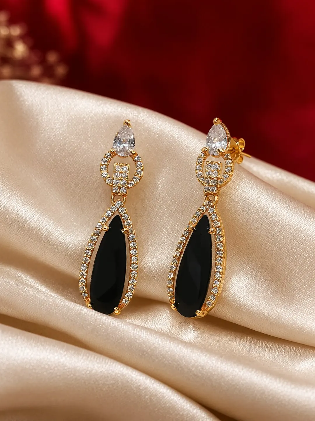 BLACK ONYX GOLD-TONE CRYSTAL DROP EARRINGS