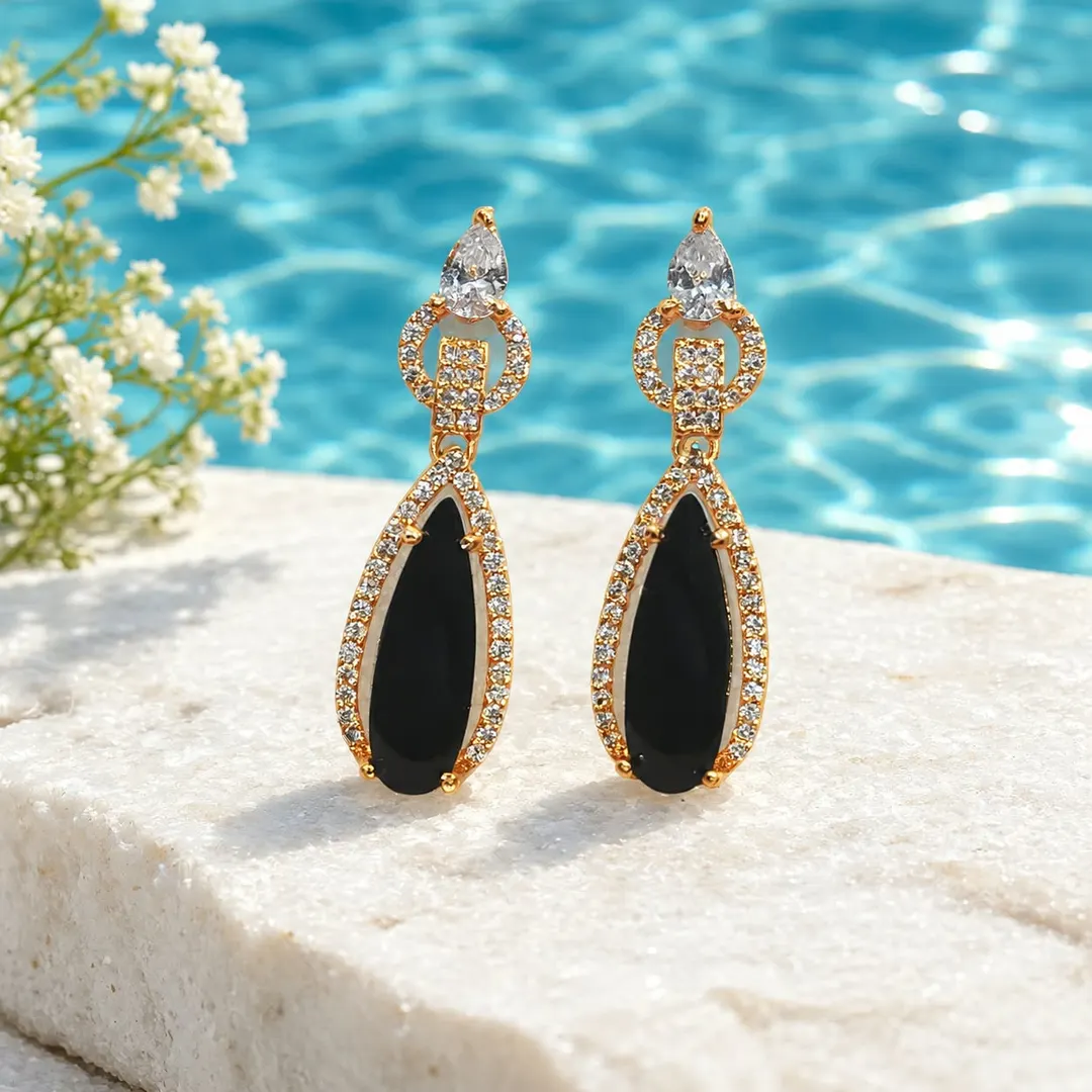 BLACK ONYX GOLD-TONE CRYSTAL DROP EARRINGS