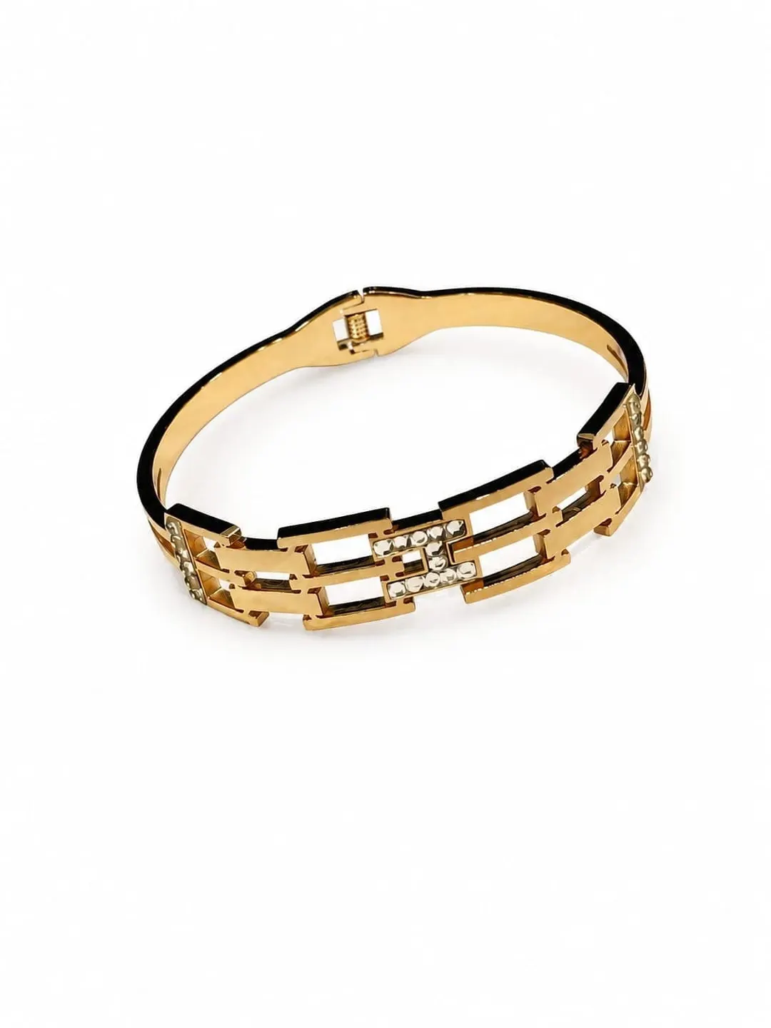 ROSE GOLD PLATED GEOMETRIC LINK HINGED BRACELET.