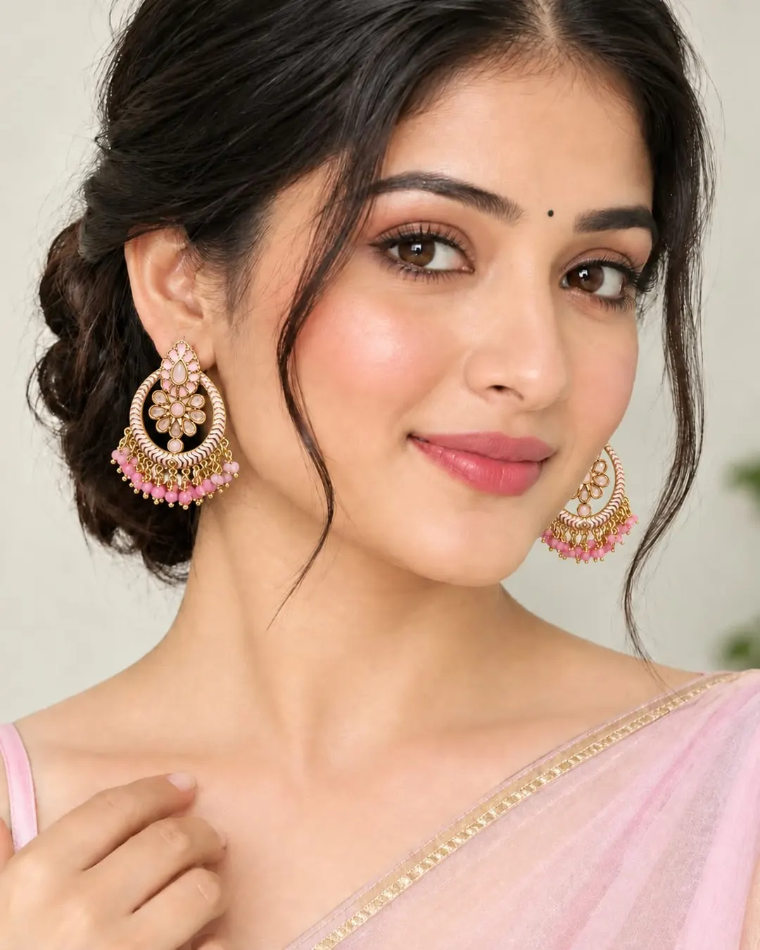 ROYAL PINK FLORAL KUNDAN CHANDBALI EARRINGS