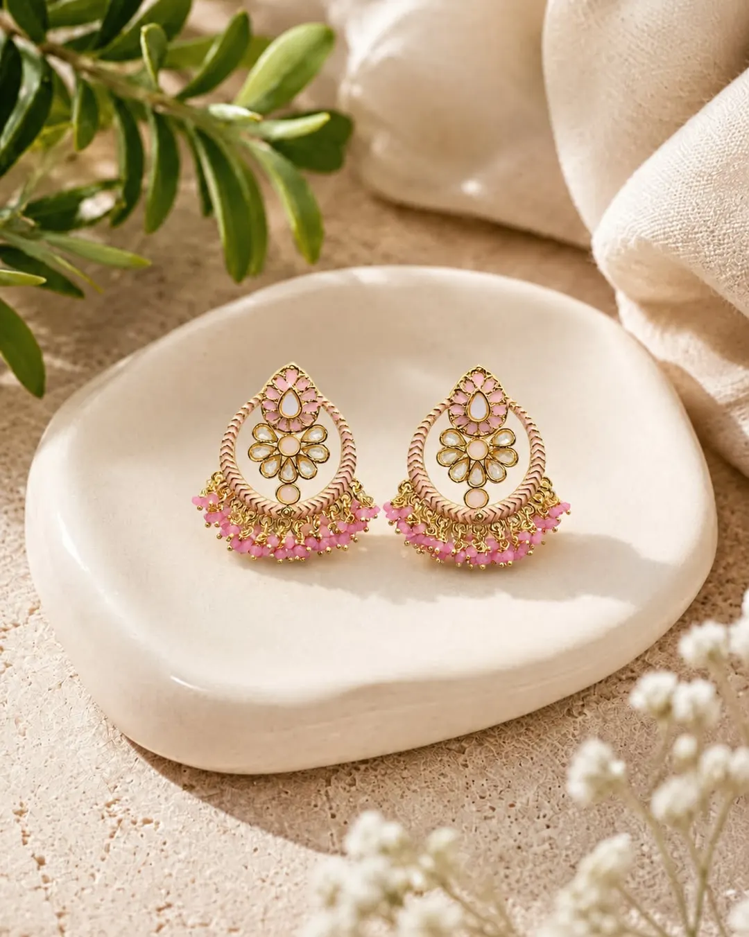 ROYAL PINK FLORAL KUNDAN CHANDBALI EARRINGS