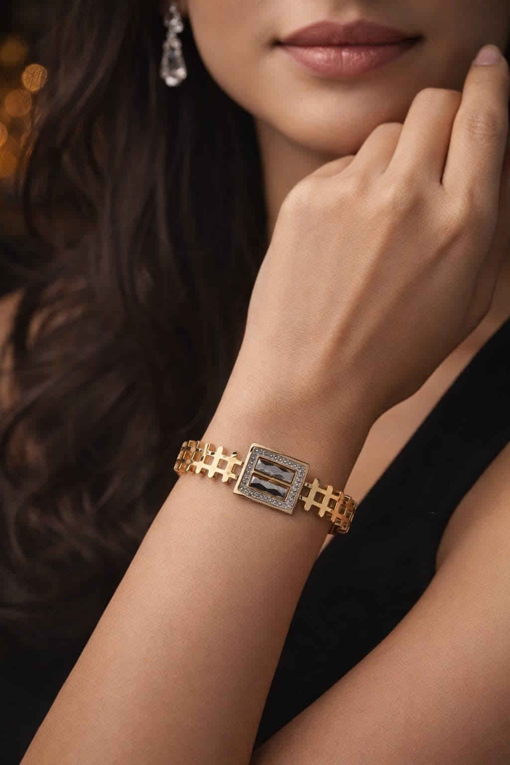 GOLD PLATED GEOMETRIC CRYSTAL BRACELETS AND STRUCTURED CUFFS.
