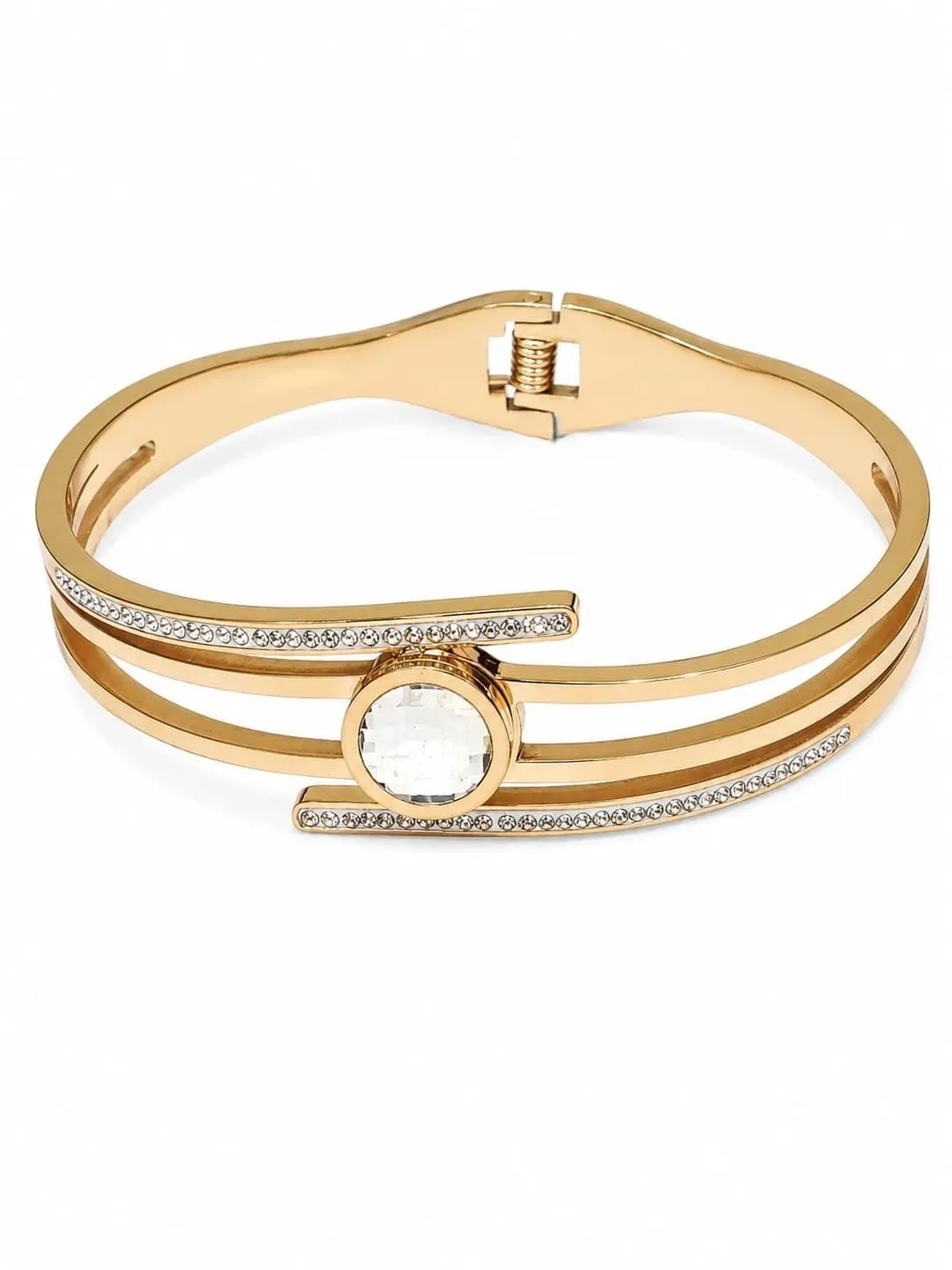 ROSE GOLD CRYSTAL WRAP BRACELET FEATURE SPLIT BAND DESIGN AND SPARKLING CENTER CRYSTAL DIAMOND.