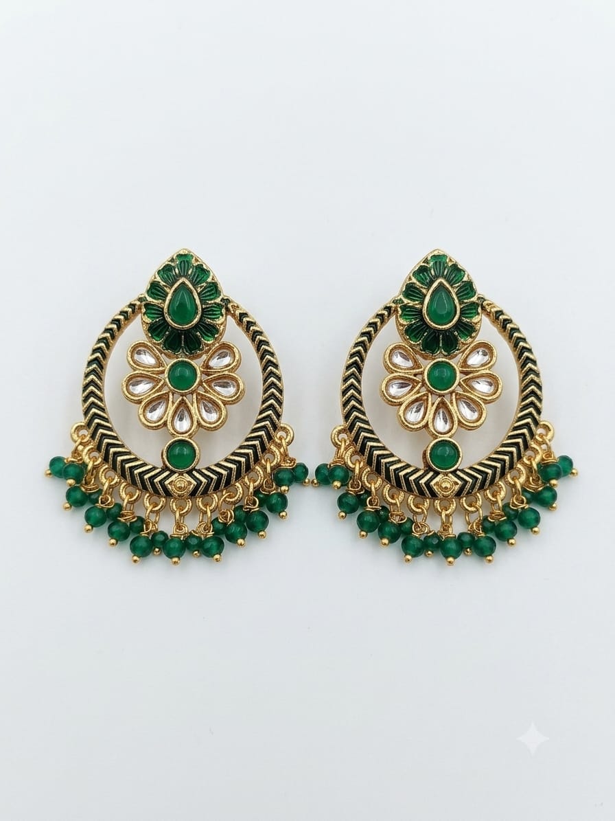 EMERALD MEENAKARI FLORAL CHANDBALI EARRINGS