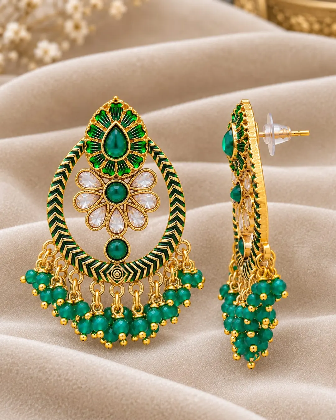 EMERALD MEENAKARI FLORAL CHANDBALI EARRINGS